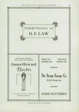 Load image into Gallery viewer, Old vintage advertising ads in 1920 Colorado Springs High School Yearbook in El Paso County, CO D.F. Law, James Howard Barber and Strang Garage Company Exide Batteries