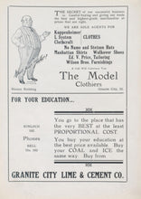 Load image into Gallery viewer, Vintage advertisement for The Model Clothiers with a cartoon character and Granite City Lime and Cement Company in 1914 Yearbook