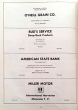 Load image into Gallery viewer, Old vintage advertisements in 1957 Newcastle High School yearbook in Dixon County, Nebraska American State Bank, Miller Motor, Bud's Service, O'Neill Grain Company