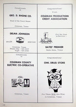 Load image into Gallery viewer, Vintage advertising in 1968 Santa Ana High School Yearbook in Coleman County, Texas Owl Drug Store, Geo Rhone Company, Electric Co Operative