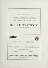 Load image into Gallery viewer, Banner Warehouse & Jeffreys Motor Company old vintage ads in 1938 Chase City High School Yearbook in Mecklenburg County, VA