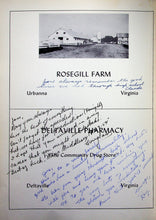 Load image into Gallery viewer, Vintage advertisements of the Rosegill Farma and Deltaville Pharmacy in the 1955 Middlesex County High School in Saluda, Virginia