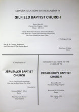 Load image into Gallery viewer, Old vintage advertising including Gilfield Baptist Church, Jerusalem Baptist Church, and Cedar Grove Baptist Church in Charles City, VA 1976
