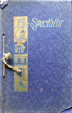 Load image into Gallery viewer, Cover of the 1915 West Waterloo High School Yearbook, titled 'The Spectator', with a blue background and a school building embossed in gold.