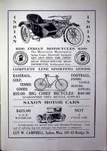 Load image into Gallery viewer, Vintage ads from 1914 West Waterloo High School Yearbook Advertising Iowa Indian Motorcycles, Big Chief Bicycles, Saxon Motor Cars
