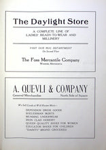 Load image into Gallery viewer, The Daylight Store and A. Quevli &amp; Company vintage advertising in 1920s in 1920 Windom High School Yearbook in Cottonwood County, Minnesota
