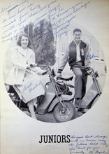 Load image into Gallery viewer, Vintage photo of two people on scooters with handwritten text in 1951 Haskell High School Yearbook in TX
