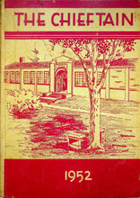 Load image into Gallery viewer, Cover of 'The Chieftain' yearbook from 1952 with a school building and tree illustration. 1952 Haskell High School Yearbook in Texas
