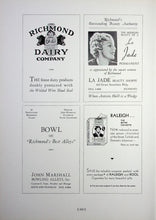Load image into Gallery viewer, Old vintage advertising in the 1936 John Marshall High School Yearbook including Richmond Dairy Company, La Jade Beauty Shoppe, and Raleigh Cigarettes
