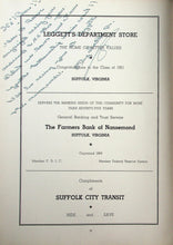 Load image into Gallery viewer, Vintage 1950s ads in the 1951 Suffolk High School Yearbook in Virginia featuring Leggett's Department Store, Farmers Bank of Nansemond, and Suffolk City Transit
