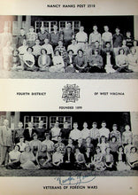 Load image into Gallery viewer, A vintage black-and-white group photograph printed on a page, showing multiple rows of people posed outdoors in front of a building. Text at the top reads 'NANCY HANKS POST 3518,' with additional school or unit text and a central emblem reading 'FOURTH DISTRICT OF WEST VIRGINIA' and 'FOUNDED 1899.
