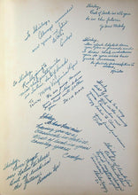 Load image into Gallery viewer, An off-white page filled with multiple handwritten blue ink messages and notes in various fonts and sizes. 1954 Keyser High School Yearbook in Mineral County, West Virginia
